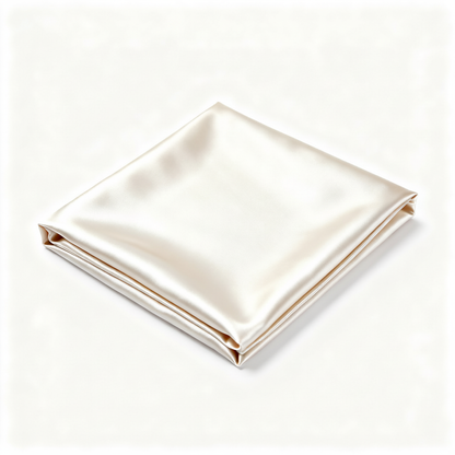 Ivory satin pillowcase with smooth glossy fabric, folded edges, and champagne trim on a white background