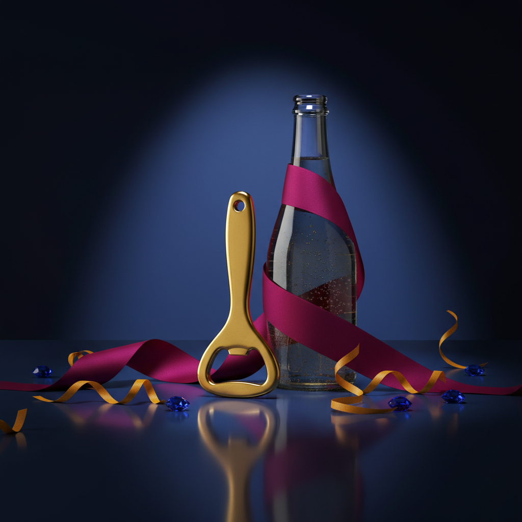 Gold-tone handheld bottle opener with a bottle, ribbon, and sapphire, magenta, and saffron accents