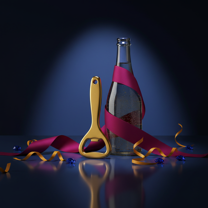 Gold-tone handheld bottle opener with a bottle, ribbon, and sapphire, magenta, and saffron accents