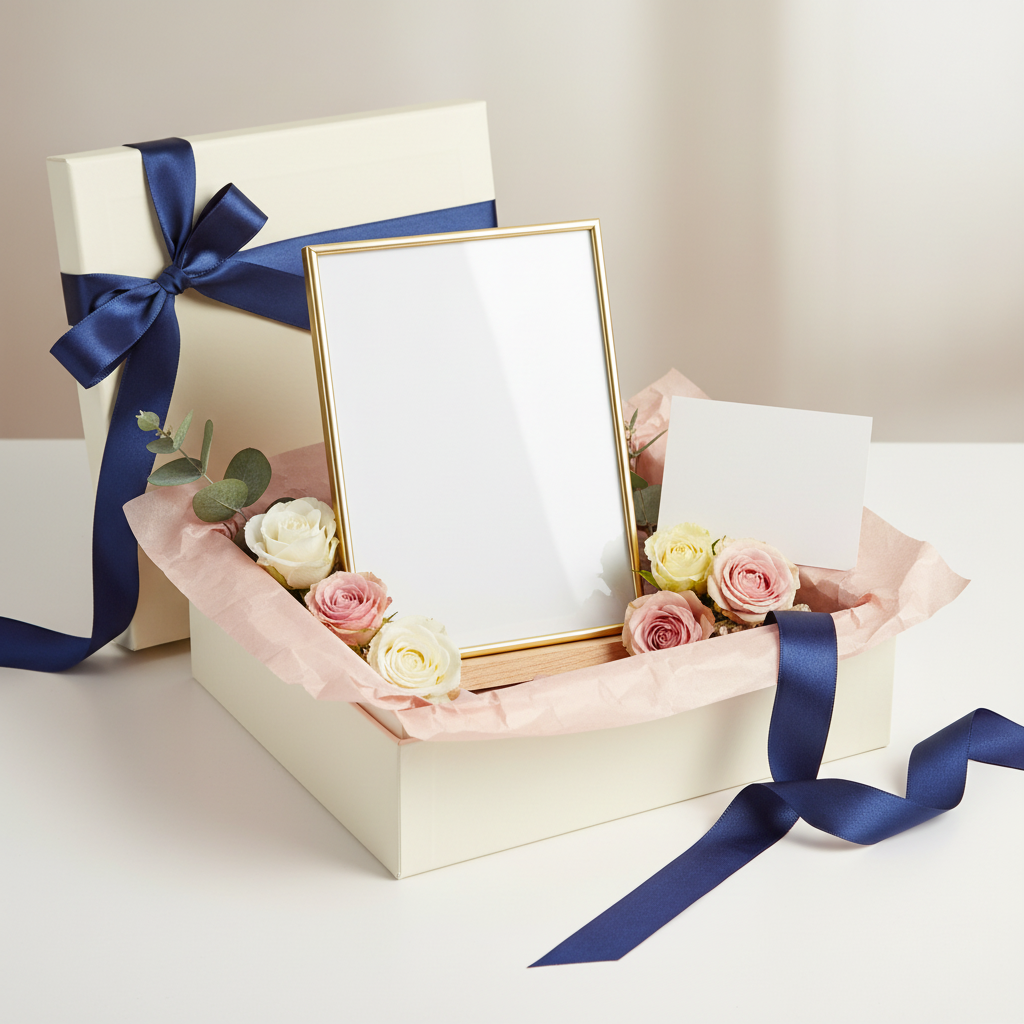 Gold-tone picture frame with blank insert presented in an elegant gift box with navy ribbon and flowers