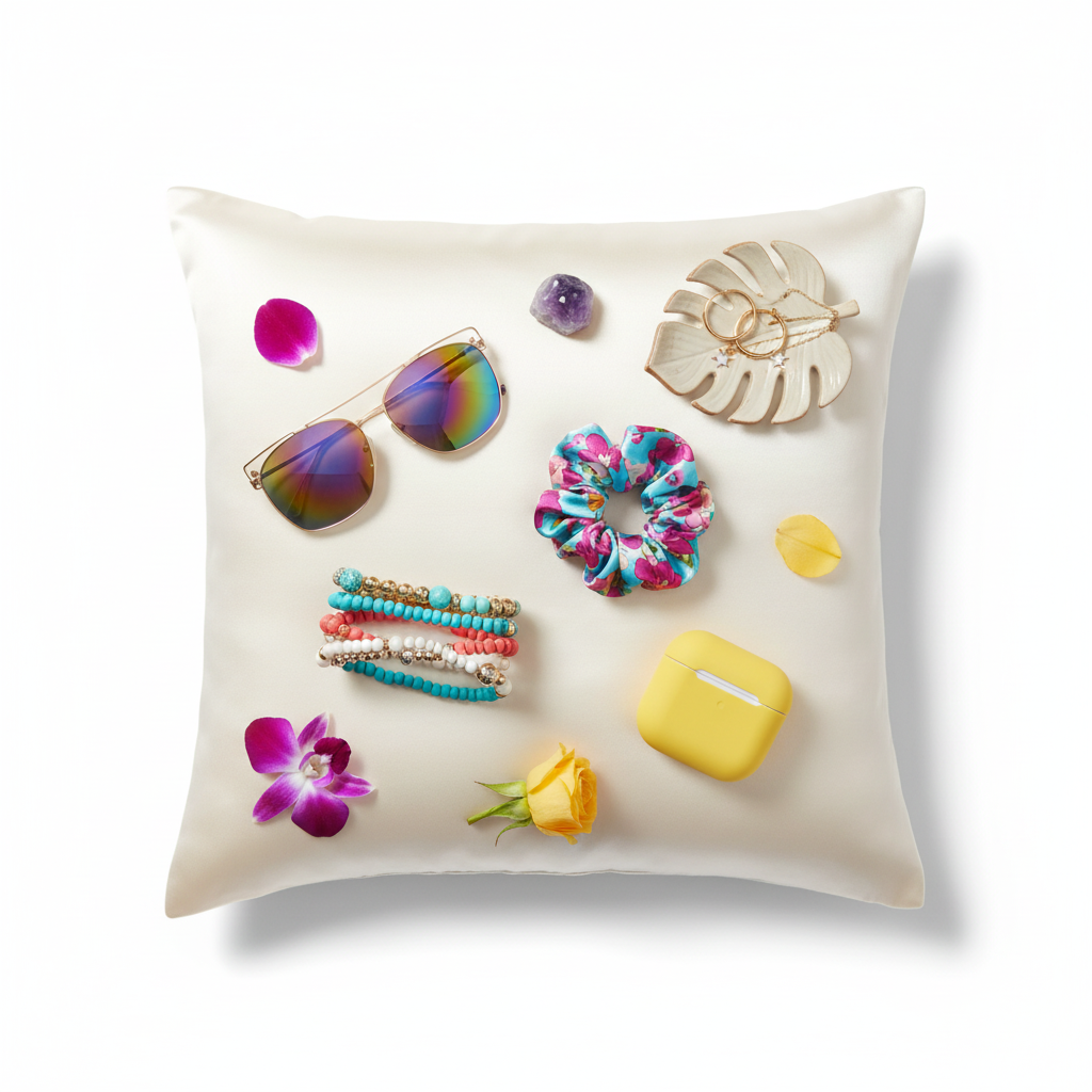 Cream satin pillowcase colorful flat lay