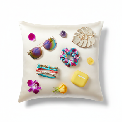 Cream satin pillowcase colorful flat lay