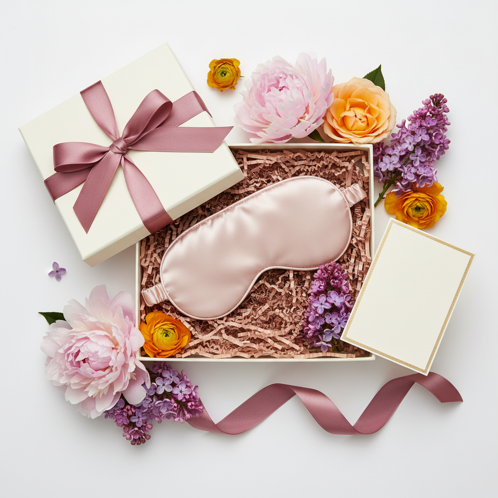 Blush-pink satin sleep mask presented in an ivory gift box with rose-gold tissue and plum ribbon