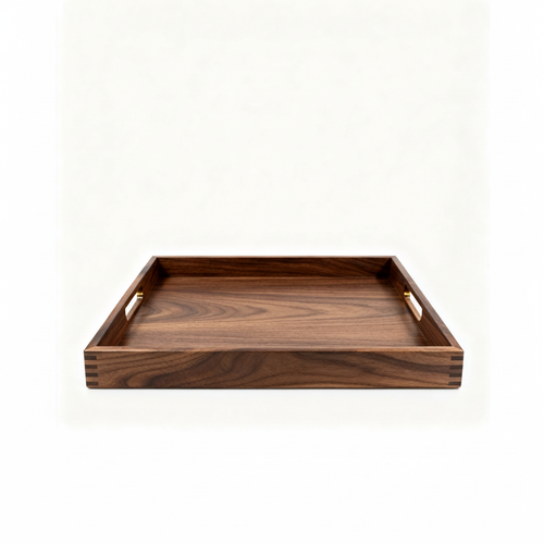 Dark walnut-style wooden serving tray with raised sides and cutout handles on a white background