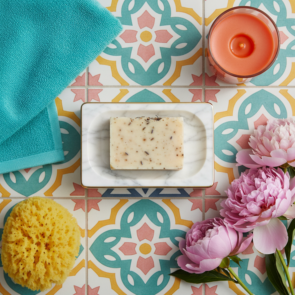 Overhead colorful flat lay of a marble-look gold-trim soap dish