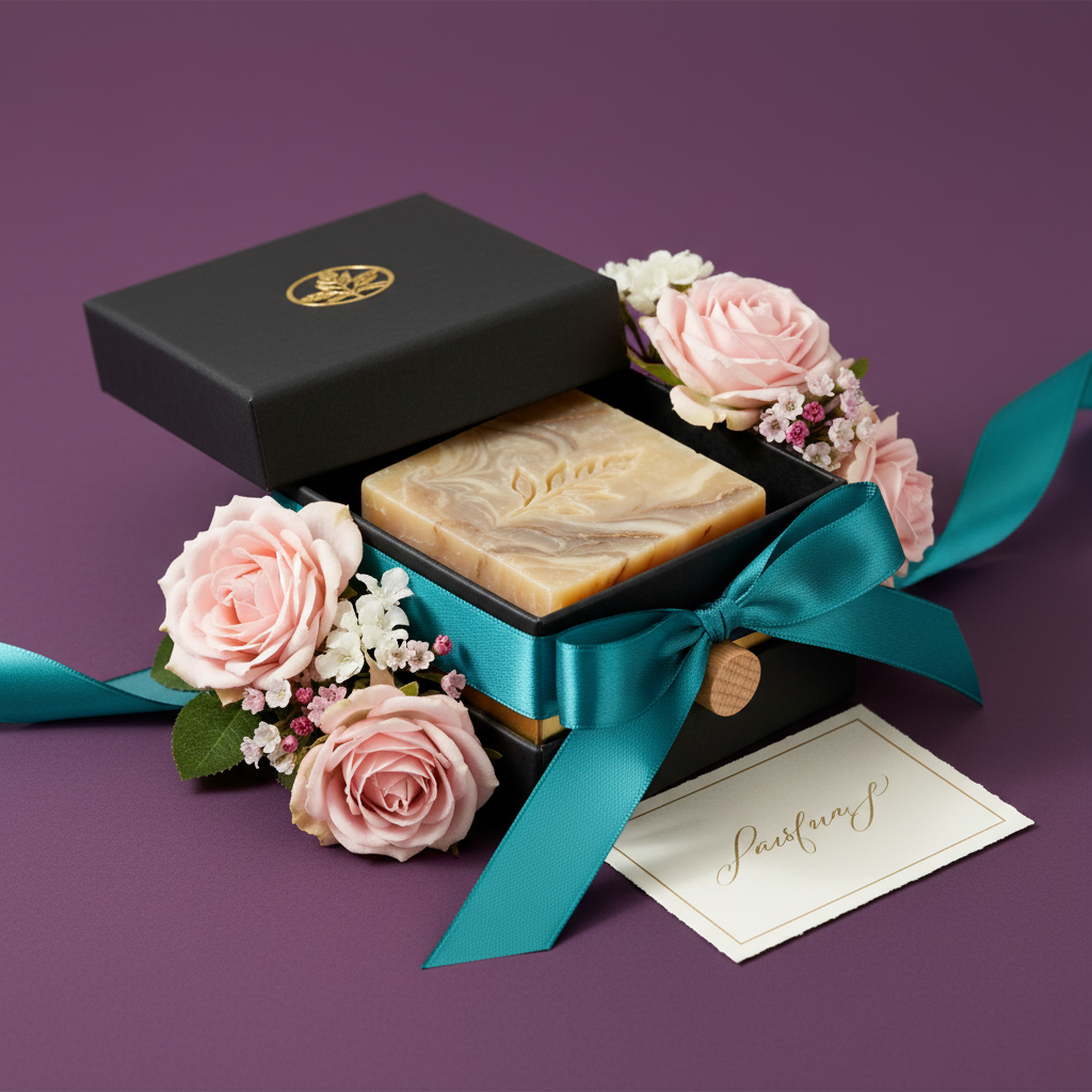 Botanical marbled soap gift set with teal ribbon and blush flowers on a plum background