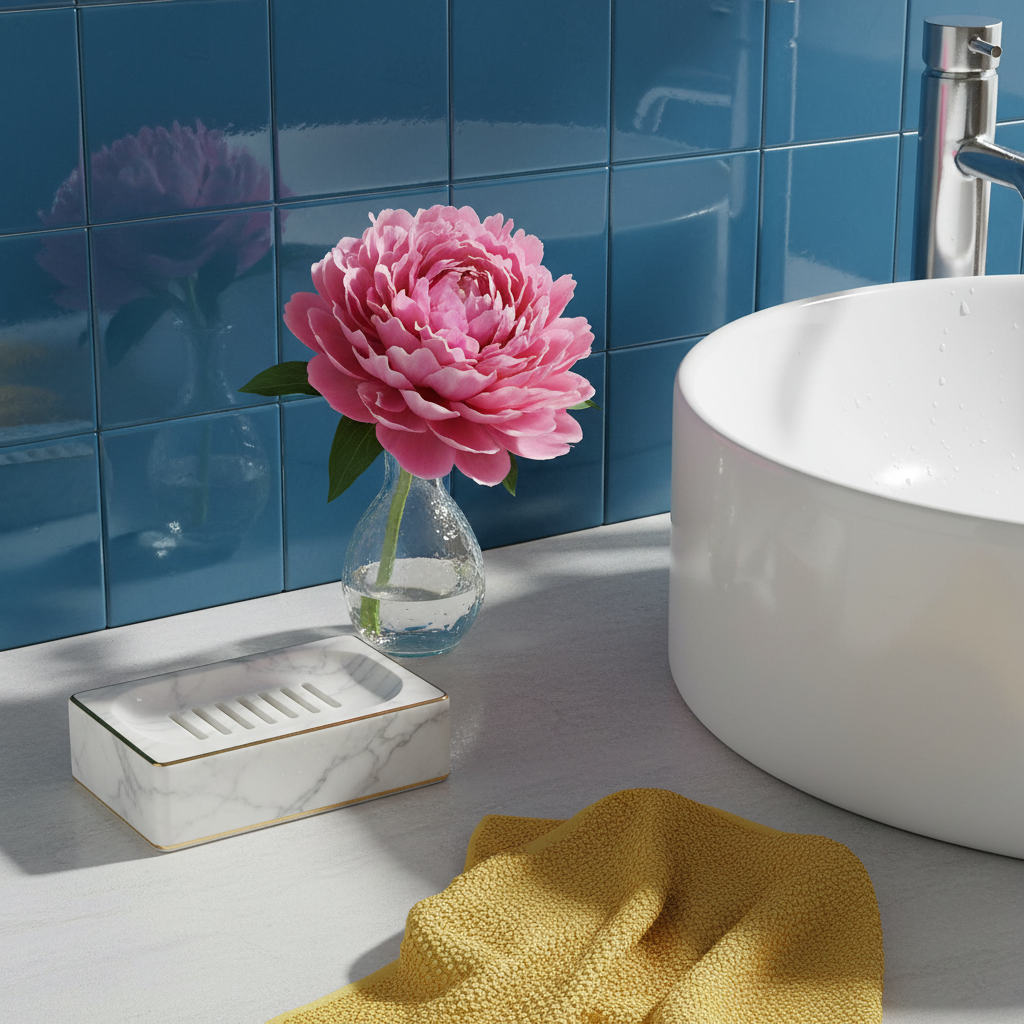 Marble-look soap dish with gold trim beside a sink with blue tiles