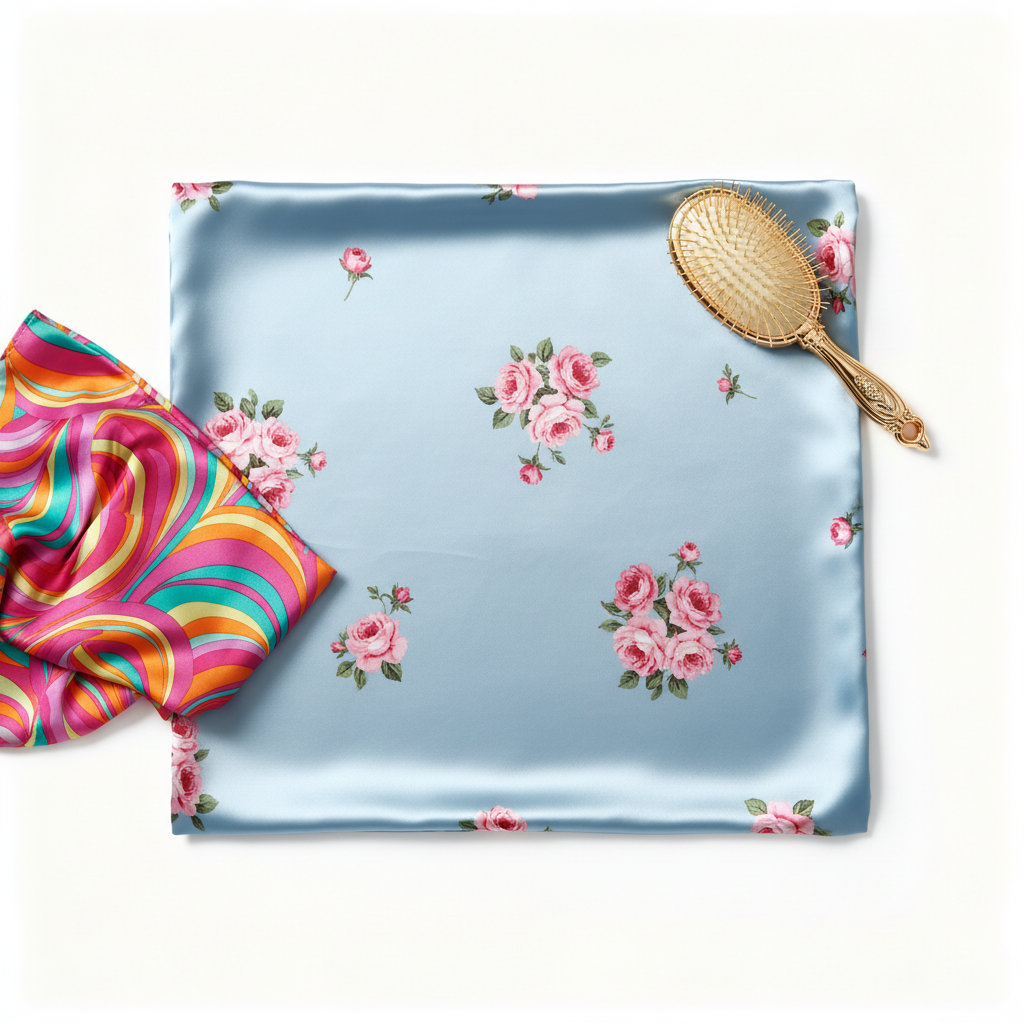 Icy blue satin pillowcase colorful flat lay