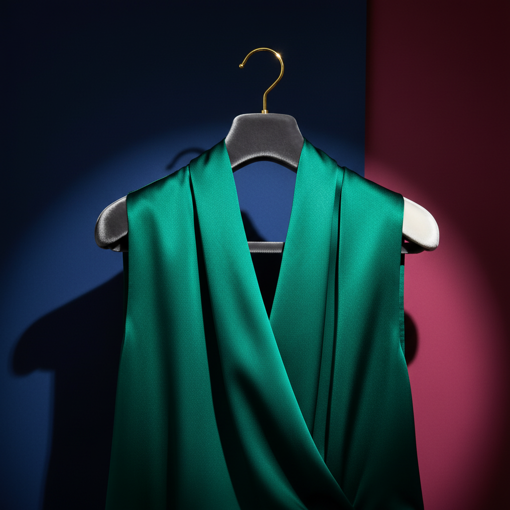 Dual-tone velvet clothes hanger holding an emerald garment in a sapphire and magenta fashion still life