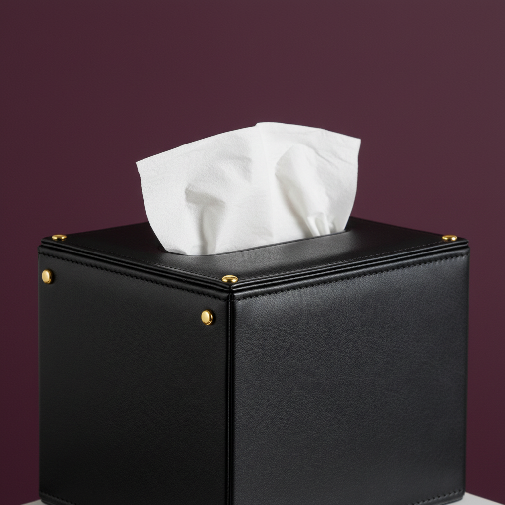 Close-up black leather tissue cover details