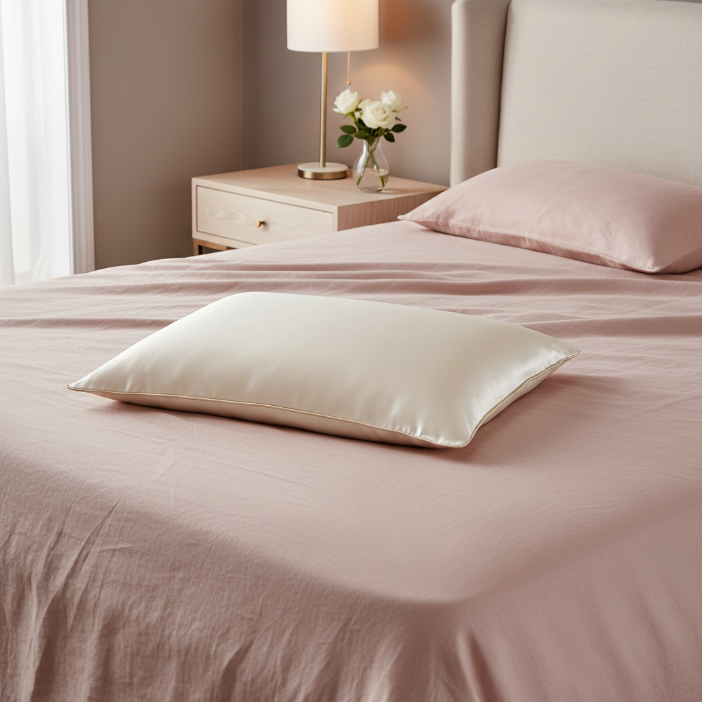 Ivory satin pillowcase styled on a cream bed with blush linen and warm bedside light