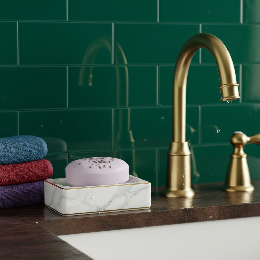 White marble-look soap dish with gold trim in a colorful luxury bathroom