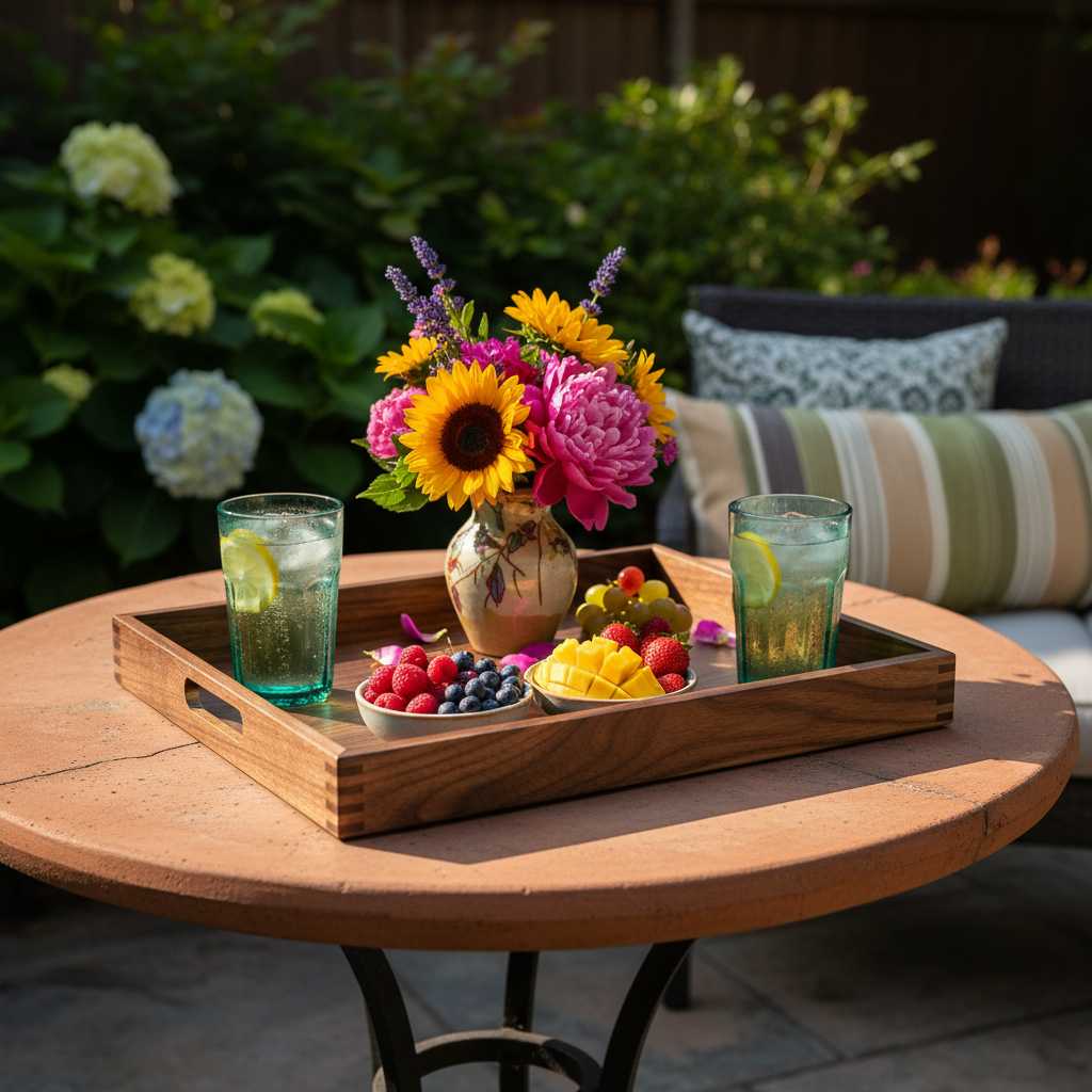 Dark walnut wooden serving tray styled with iced tea, fruit, flowers, and turquoise glassware on a patio table