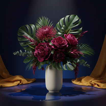 Cream-white gold-rim ceramic vase with green leaves and magenta flowers in a jewel-tone setting