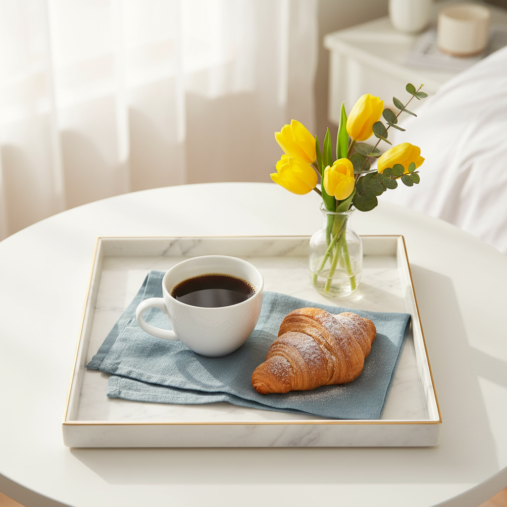 White marble-effect gold-rim tray styled with coffee, pastry, blue linen, and yellow flowers