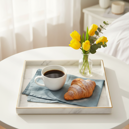 White marble-effect gold-rim tray styled with coffee, pastry, blue linen, and yellow flowers