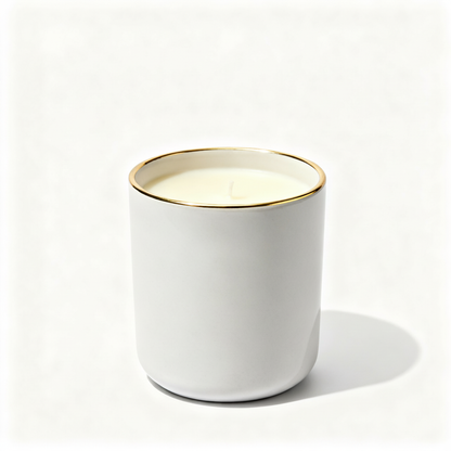 Ivory ceramic candle with a thin gold rim on a pure white background
