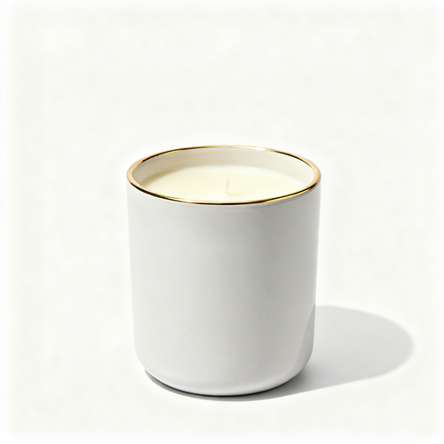 Ivory ceramic candle with a thin gold rim on a pure white background