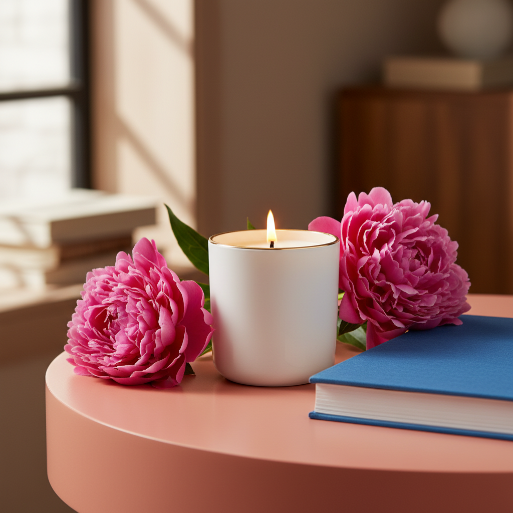 Ivory gold-rim ceramic candle in a colorful coral vanity scene