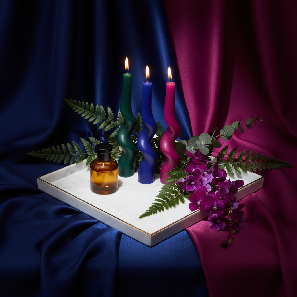 White marble-effect gold-rim tray styled with candles, amber bottle, violet flowers, and green leaves