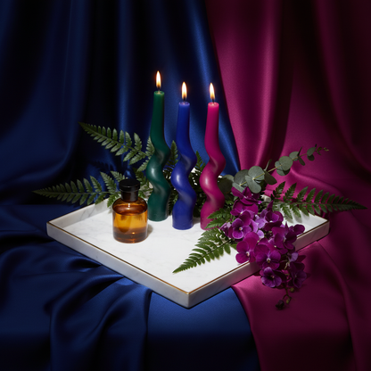 White marble-effect gold-rim tray styled with candles, amber bottle, violet flowers, and green leaves