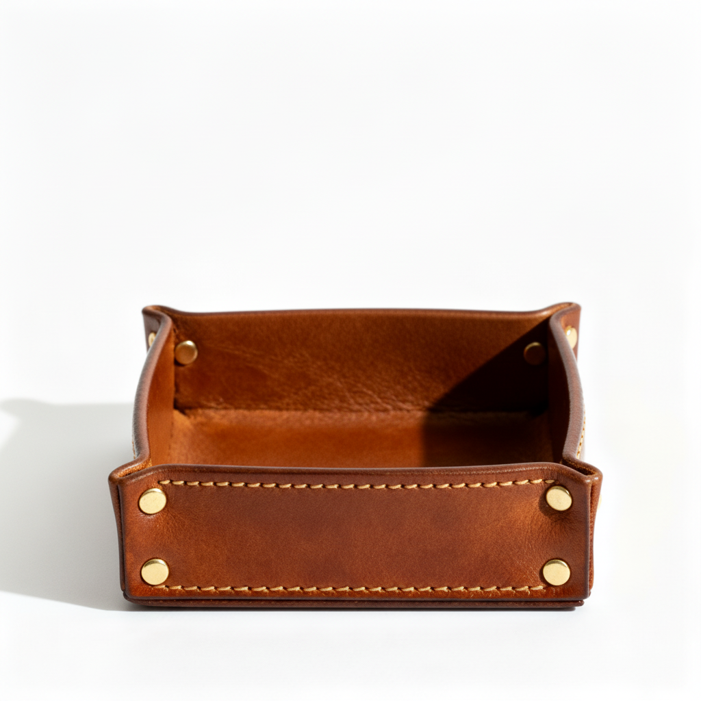 Caramel brown leather valet tray with brass rivets on white background