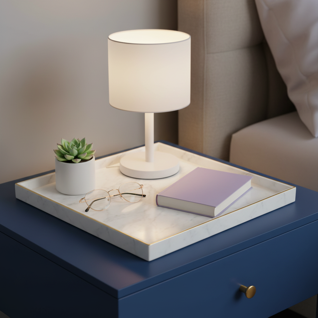 White marble-effect gold-rim tray styled with a lamp, glasses, lavender book, and green plant