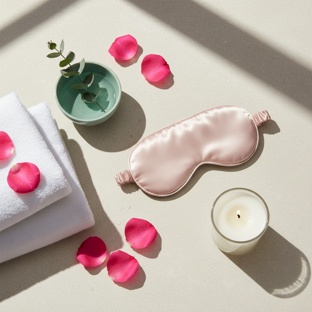 Blush-pink satin sleep mask styled beside white towels, eucalyptus, petals, and a candle