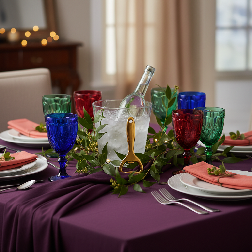 Gold-tone handheld bottle opener beside a chilled bottle, jewel-tone glasses, and coral napkins