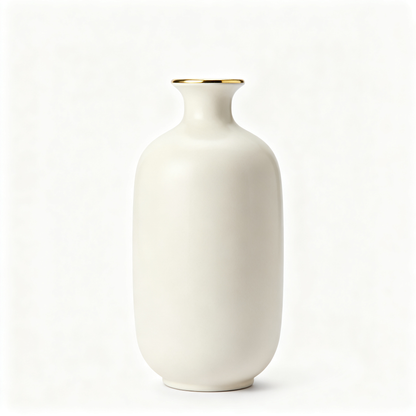 Cream-white ceramic vase with rounded body, narrow neck, and gold-tone rim on a white background