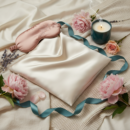 Ivory satin pillowcase styled with a sleep mask, candle, lavender, flowers, and teal ribbon