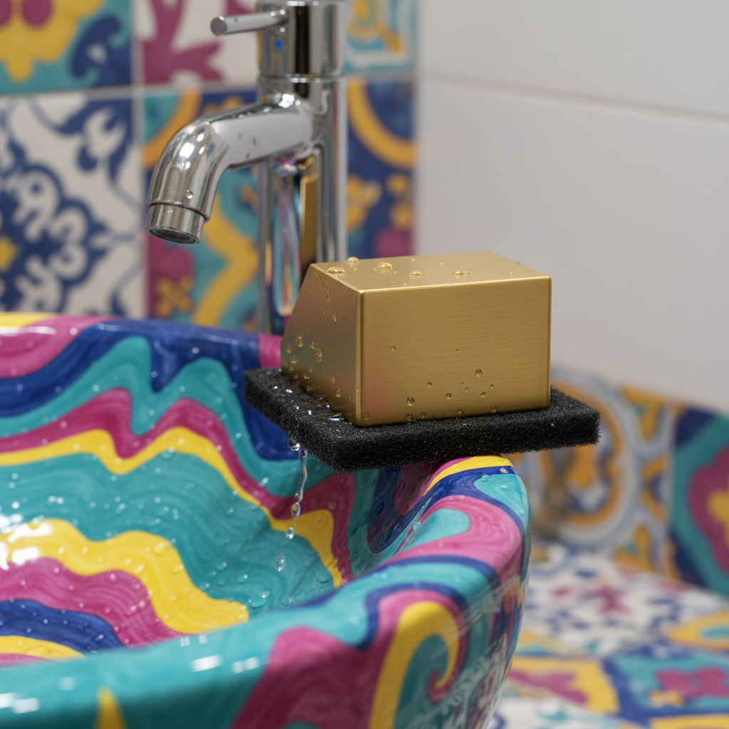 🧼 Golden Geometric Sponge Holder, a Sculptural Sink-Side Accent for Keeping Cleaning Essentials Neat