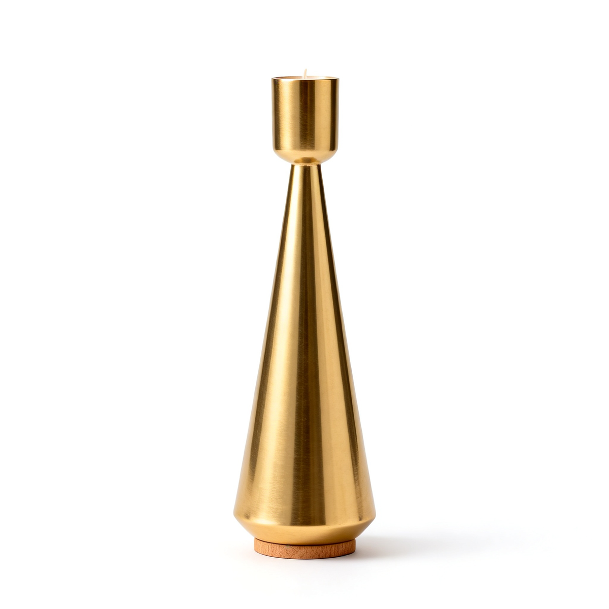Gold-tone tapered candle holder with a slim conical body and wood-tone base on a white background