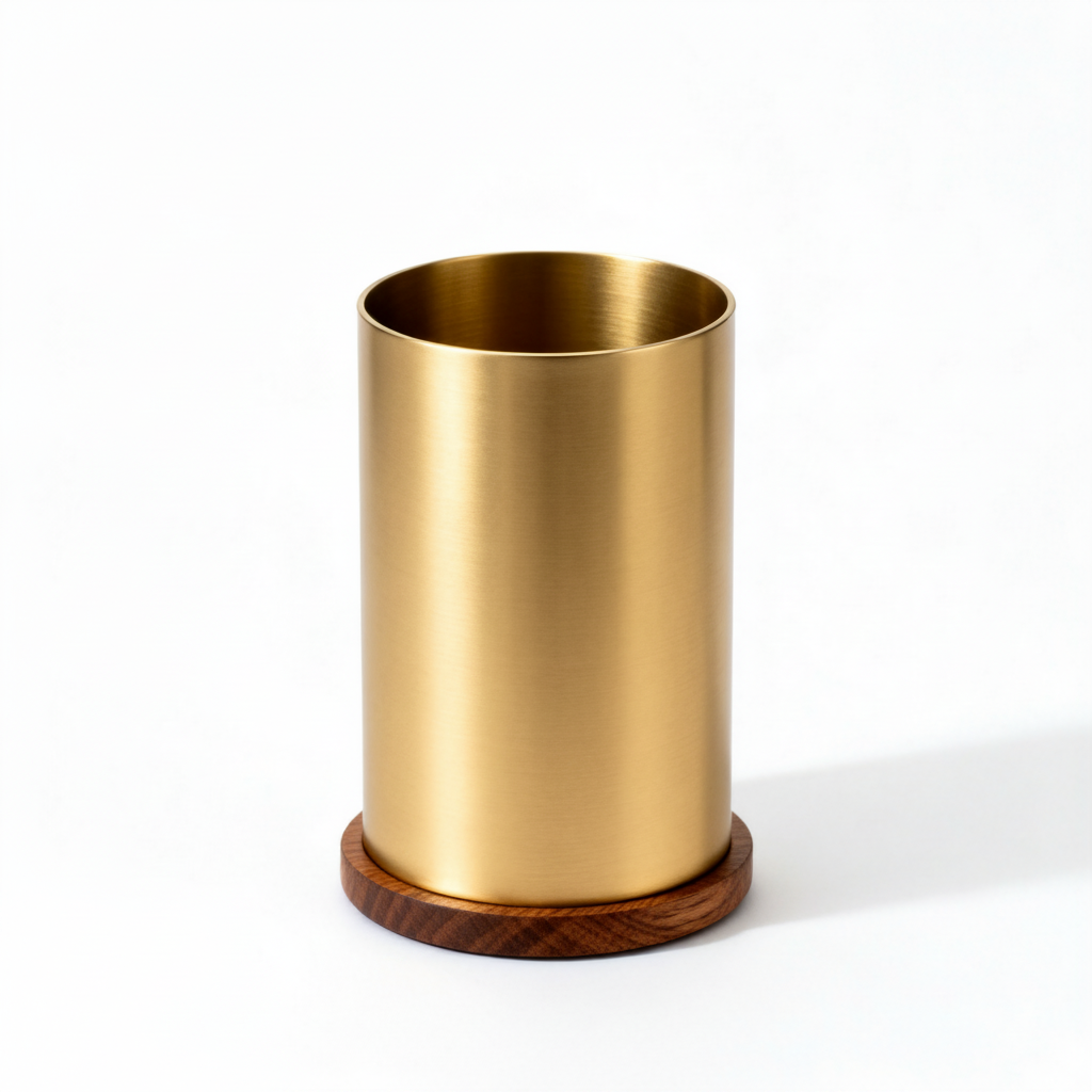 Golden brass organizer cup on white