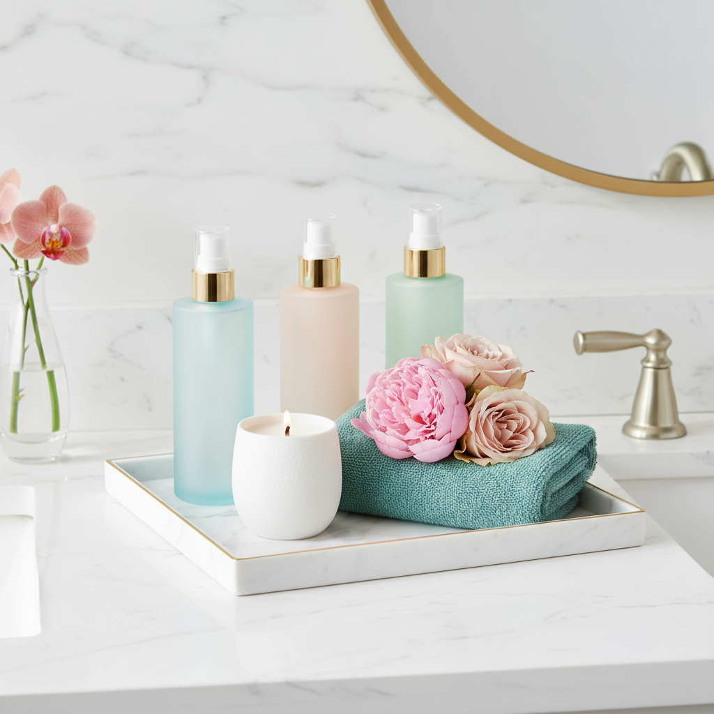 White marble-effect gold-rim tray holding skincare, candle, teal towel, and pink flowers in a bathroom