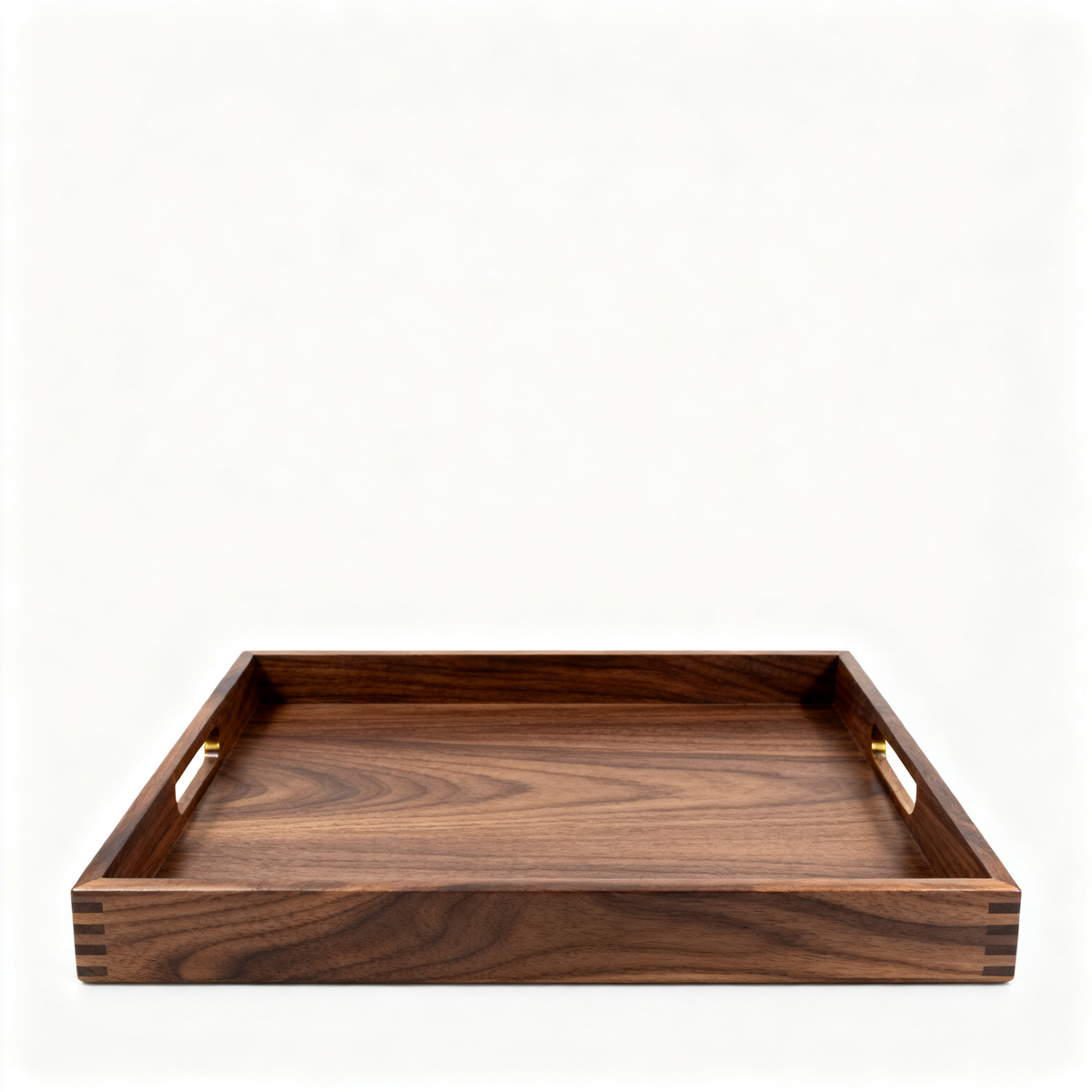 Dark walnut-style wooden serving tray with raised sides and cutout handles on a white background