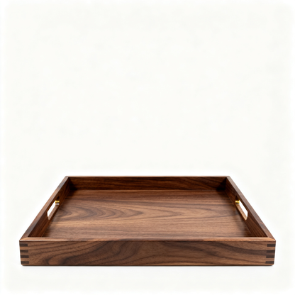 Dark walnut-style wooden serving tray with raised sides and cutout handles on a white background