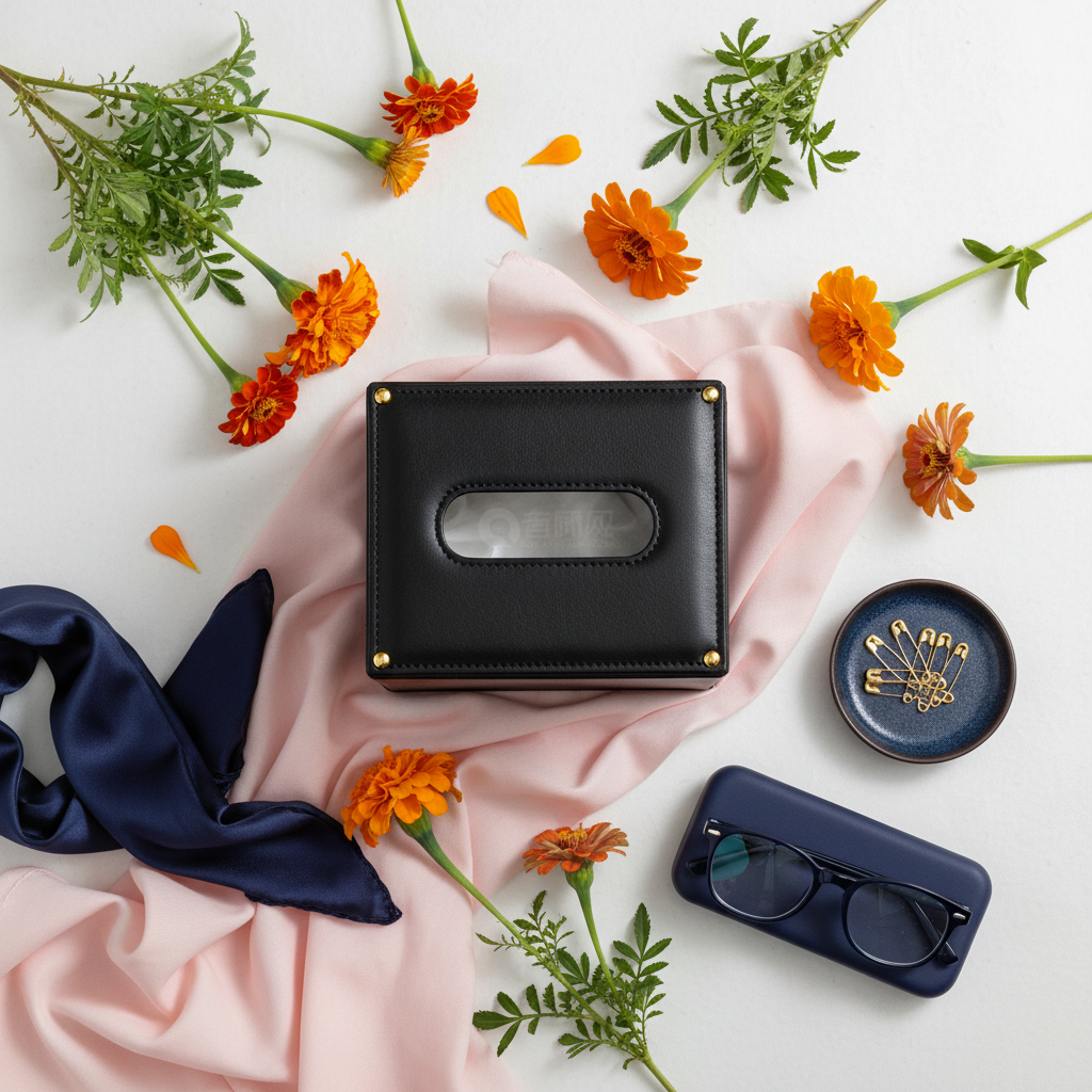 Colorful flat lay of black leather tissue box cover