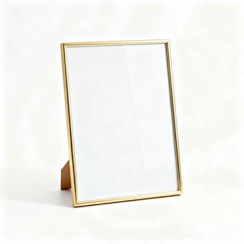 Slim gold-tone rectangular picture frame with wooden easel and blank white insert on a white background