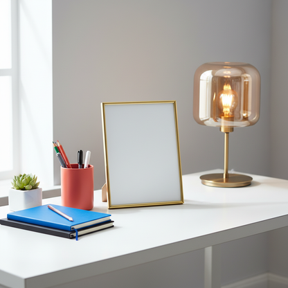 Gold-tone picture frame with blank insert styled beside a cobalt notebook, coral pen cup, and lamp