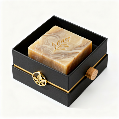 Botanical marbled soap bar in a black and gold drawer gift box on a white background