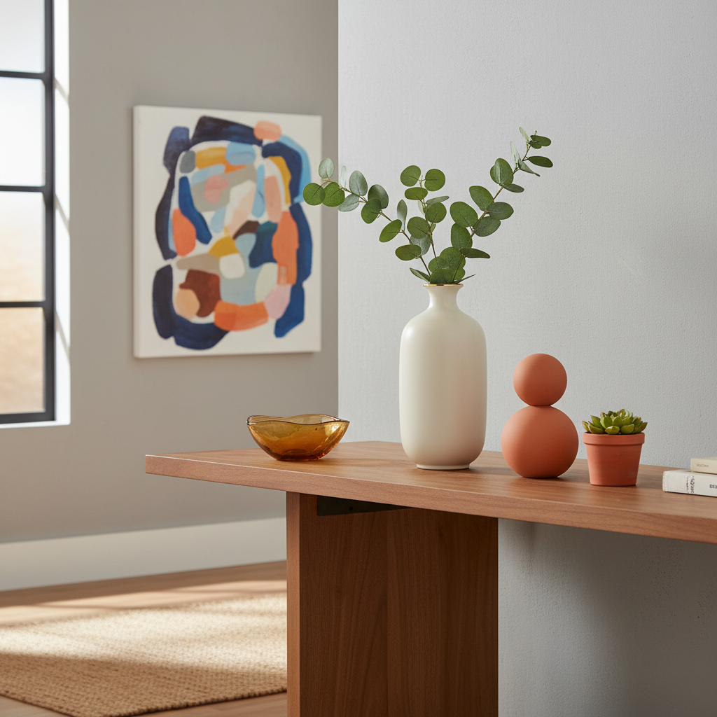 Cream-white gold-rim ceramic vase with eucalyptus on a colorful entryway console