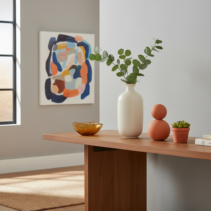 Cream-white gold-rim ceramic vase with eucalyptus on a colorful entryway console