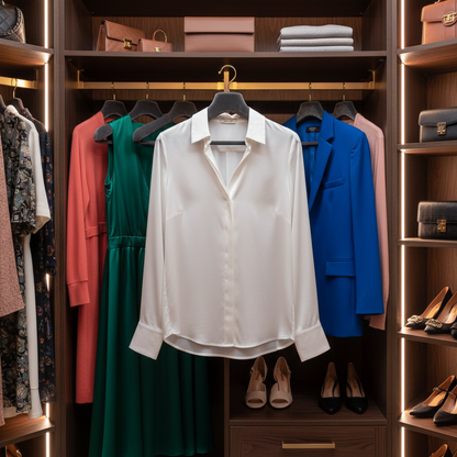Dual-tone velvet clothes hanger holding a white blouse in a colorful walk-in wardrobe
