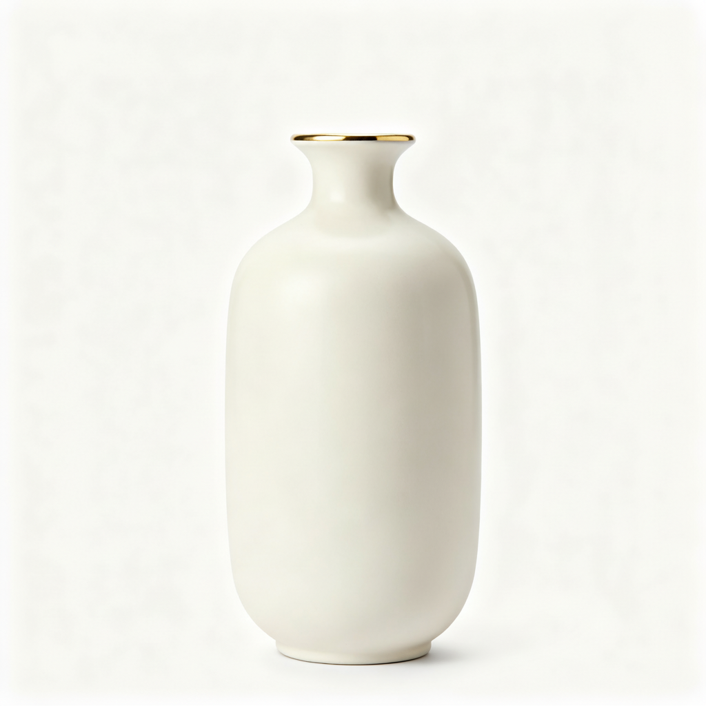 Cream-white ceramic vase with rounded body and delicate gold-tone rim on a white background