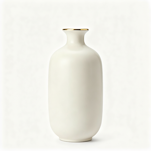 Cream-white ceramic vase with rounded body and delicate gold-tone rim on a white background