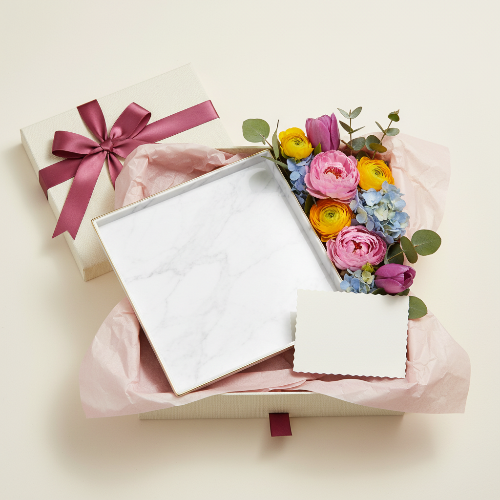 White marble-effect gold-rim tray presented in an elegant gift box with plum ribbon and flowers