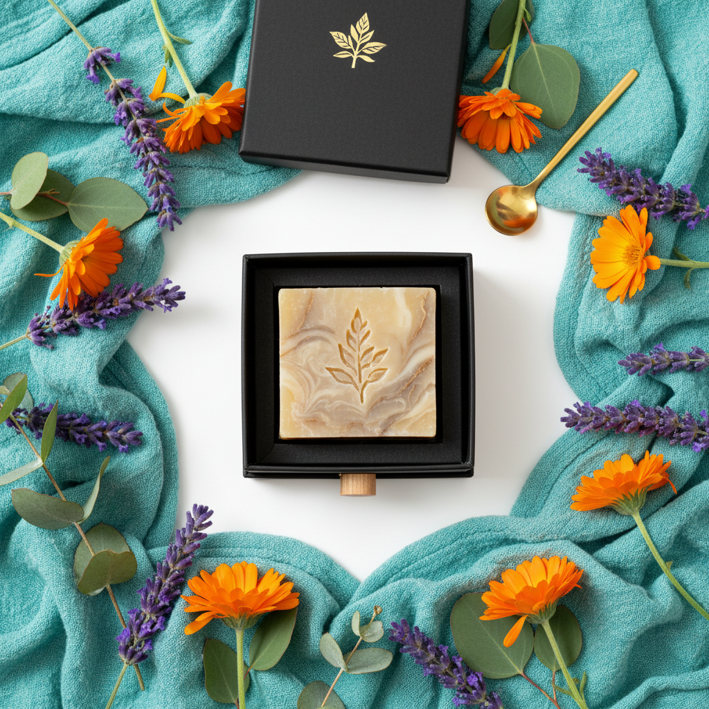 Botanical marbled soap gift set with colorful flowers and botanical accents in a flat lay