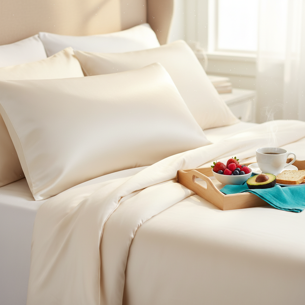 Ivory satin pillowcase styled beside a breakfast tray, coffee, fruit, and turquoise linen
