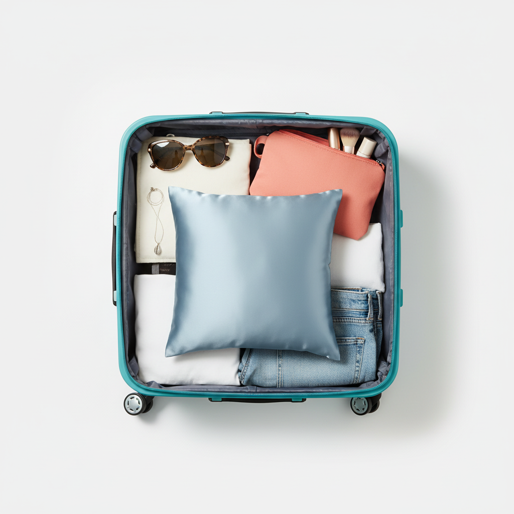 Icy blue satin pillowcase travel packing